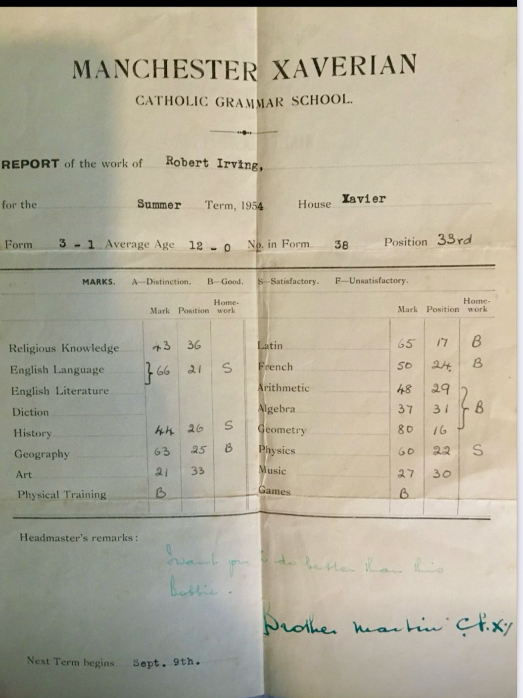 School Report - Robert Irving 1954